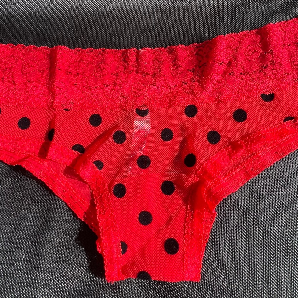 Victoria’s Secret lace tanga, cheekies, boy shorts. NWT red with black dots